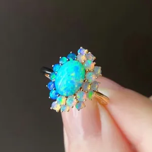 18K Gold Oval Cut Natural Opal 0.95ct  Halo Stone Ring