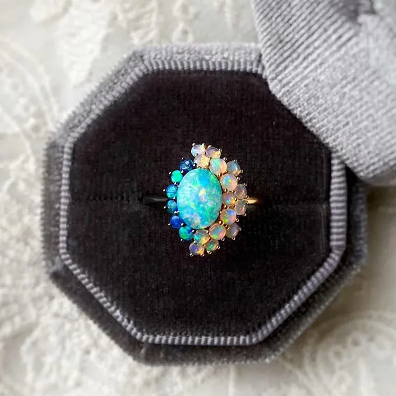 18K Gold Oval Cut Natural Opal 0.95ct  Halo Stone Ring