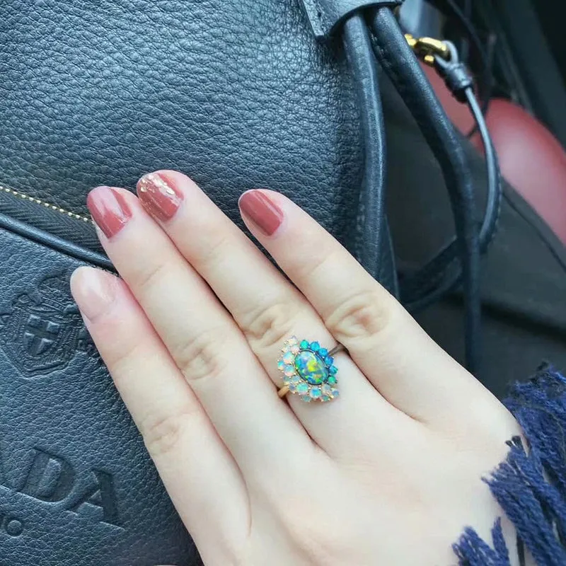 18K Gold Oval Cut Natural Opal 0.95ct  Halo Stone Ring