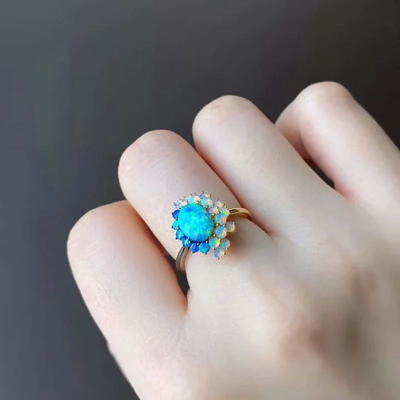 18K Gold Oval Cut Natural Opal 0.95ct  Halo Stone Ring