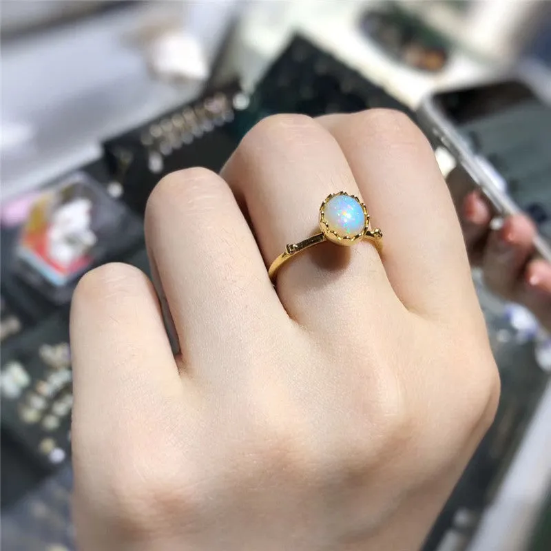 18K Gold Oval Cut Natural Opal Eggshell Ring