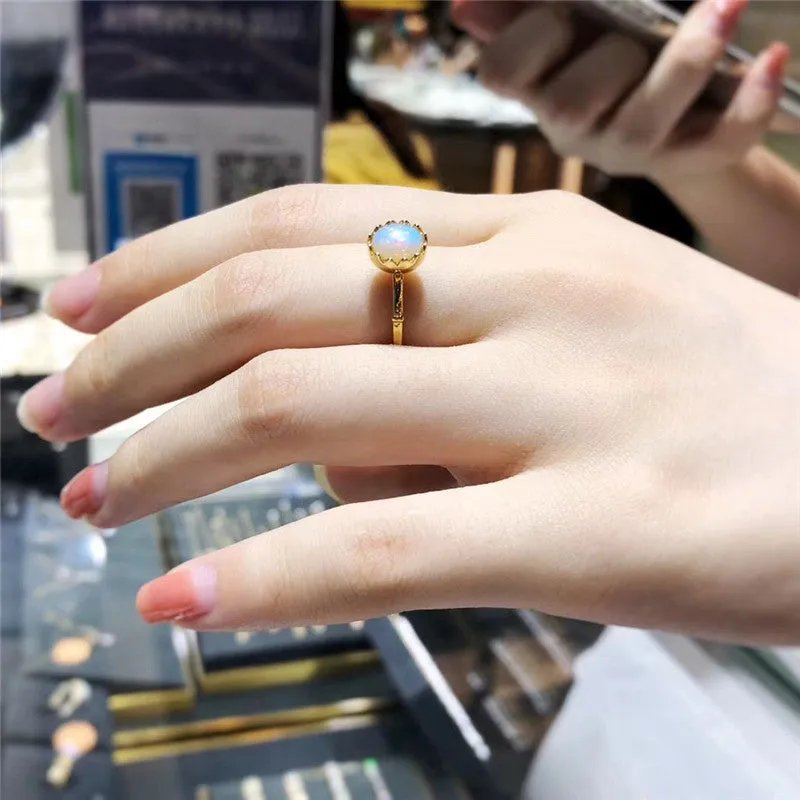 18K Gold Oval Cut Natural Opal Eggshell Ring