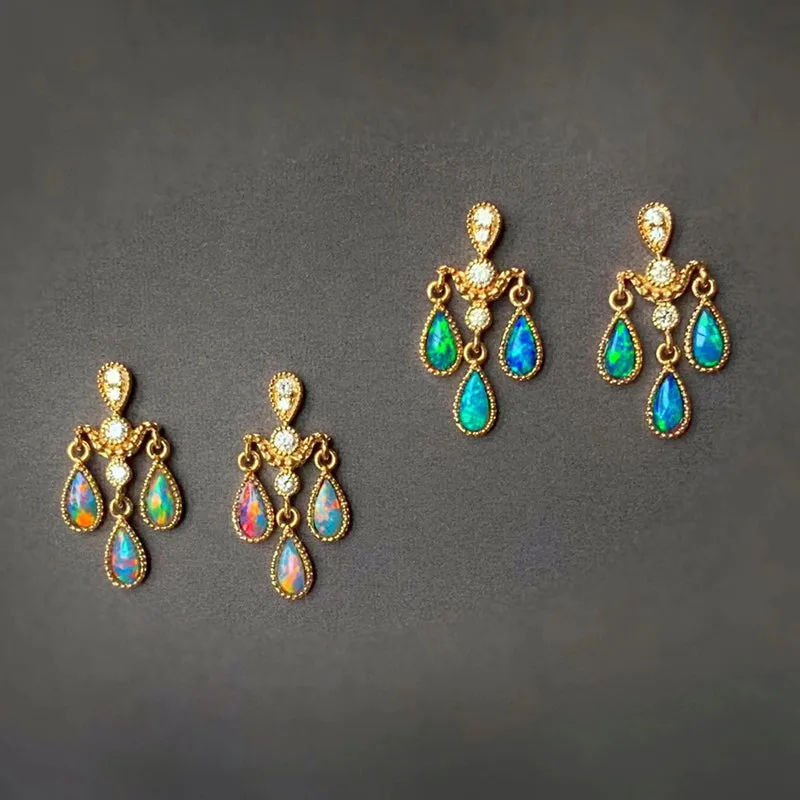 18K Gold Pear Cut 0.2ct Natural Opal Real Diamond Libra Drop Earrings