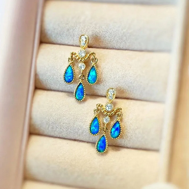 18K Gold Pear Cut 0.2ct Natural Opal Real Diamond Libra Drop Earrings