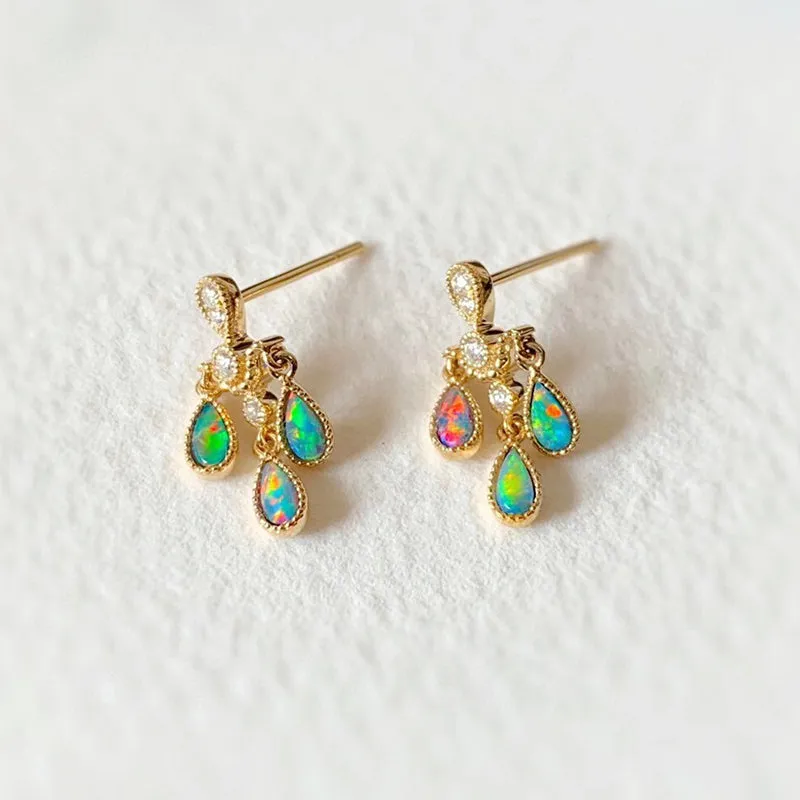 18K Gold Pear Cut 0.2ct Natural Opal Real Diamond Libra Drop Earrings