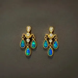 18K Gold Pear Cut 0.2ct Natural Opal Real Diamond Libra Drop Earrings