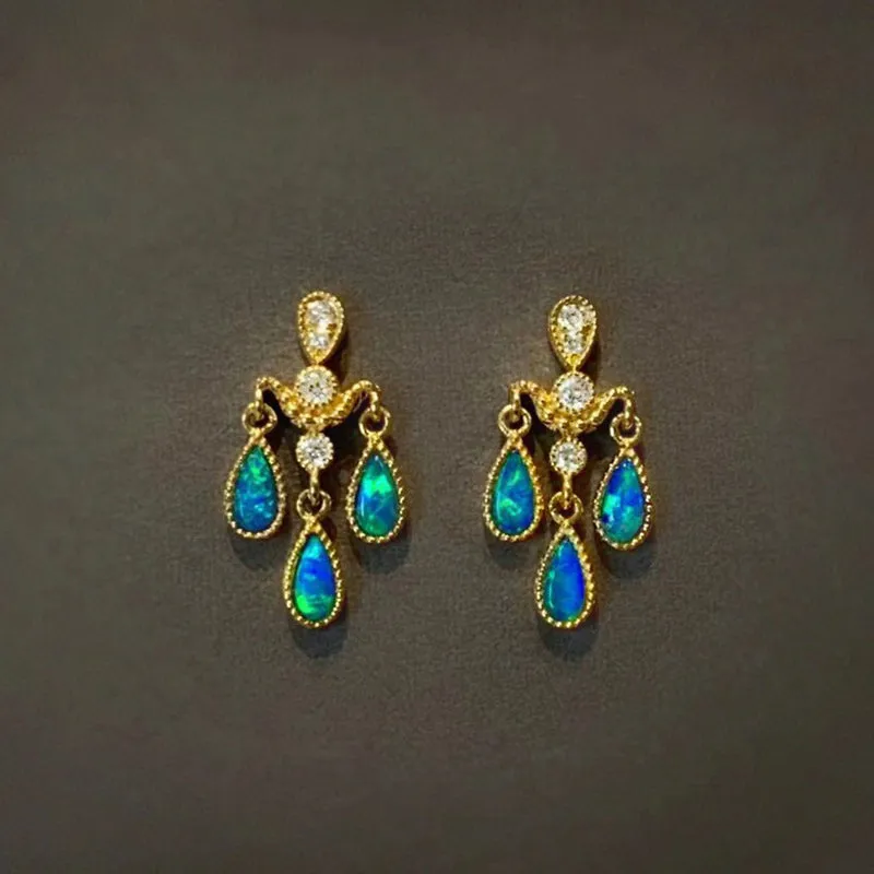 18K Gold Pear Cut 0.2ct Natural Opal Real Diamond Libra Drop Earrings