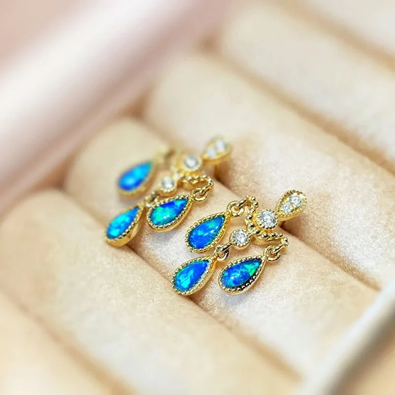 18K Gold Pear Cut 0.2ct Natural Opal Real Diamond Libra Drop Earrings
