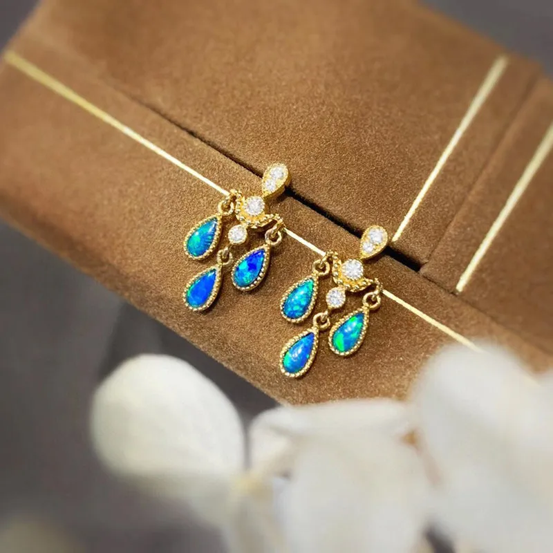 18K Gold Pear Cut 0.2ct Natural Opal Real Diamond Libra Drop Earrings