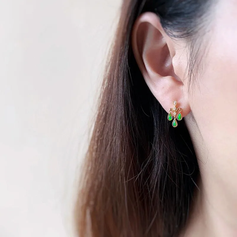18K Gold Pear Cut 0.2ct Natural Opal Real Diamond Libra Drop Earrings