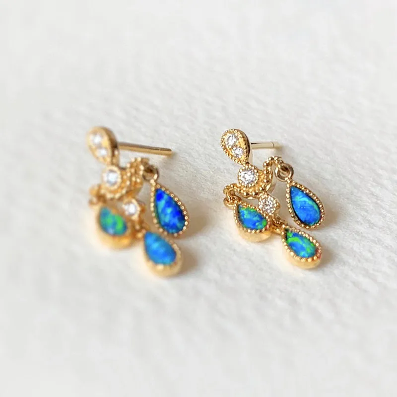 18K Gold Pear Cut 0.2ct Natural Opal Real Diamond Libra Drop Earrings