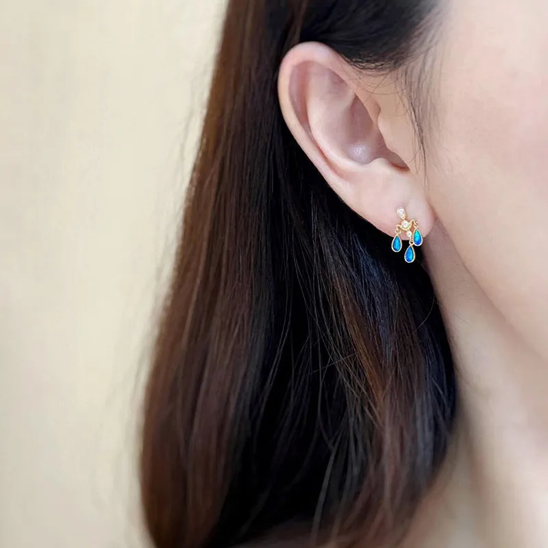 18K Gold Pear Cut 0.2ct Natural Opal Real Diamond Libra Drop Earrings