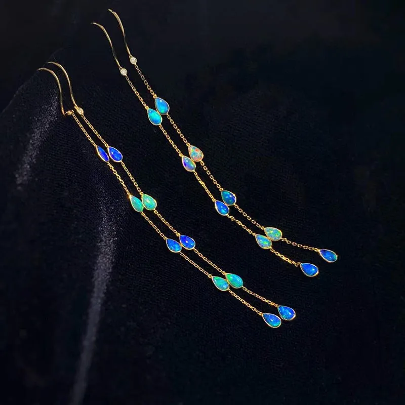 18K Gold Pear Cut 0.40ct Natural Opal 0.01ct Diamond Hook Earrings