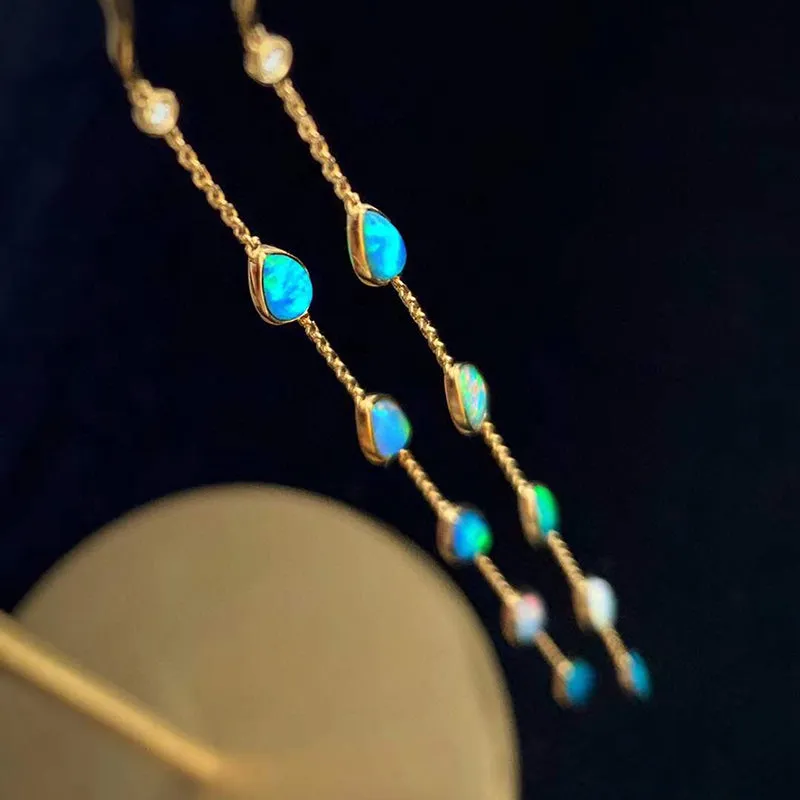 18K Gold Pear Cut 0.40ct Natural Opal 0.01ct Diamond Hook Earrings