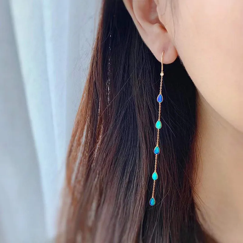 18K Gold Pear Cut 0.40ct Natural Opal 0.01ct Diamond Hook Earrings