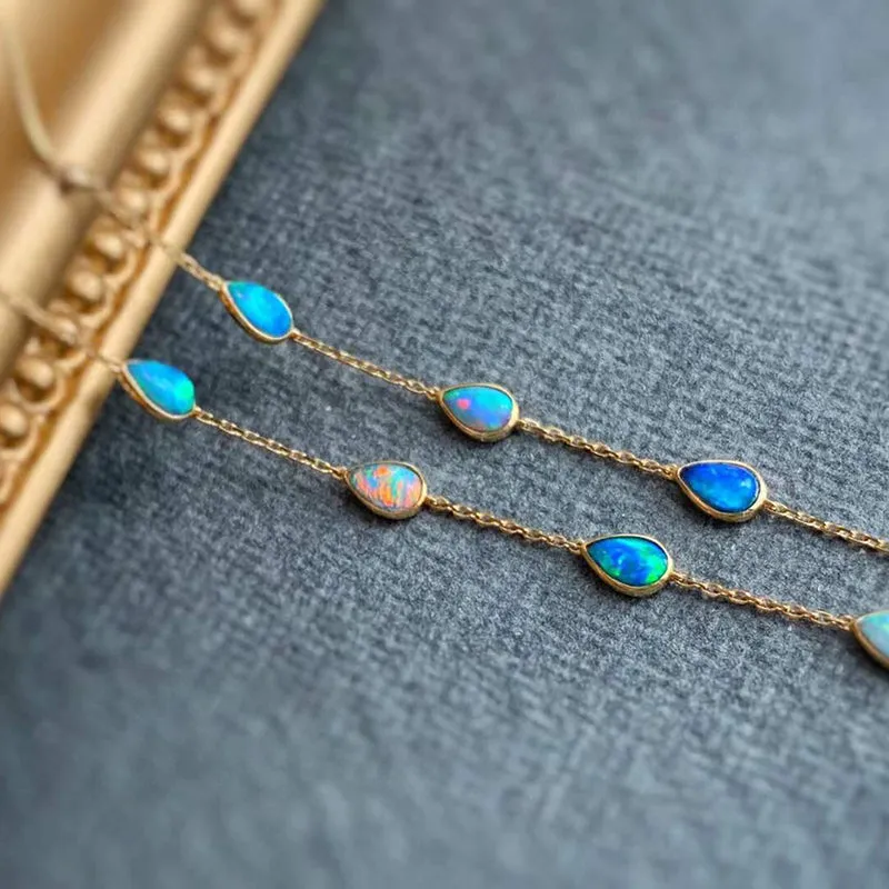 18K Gold Pear Cut 0.40ct Natural Opal 0.01ct Diamond Hook Earrings