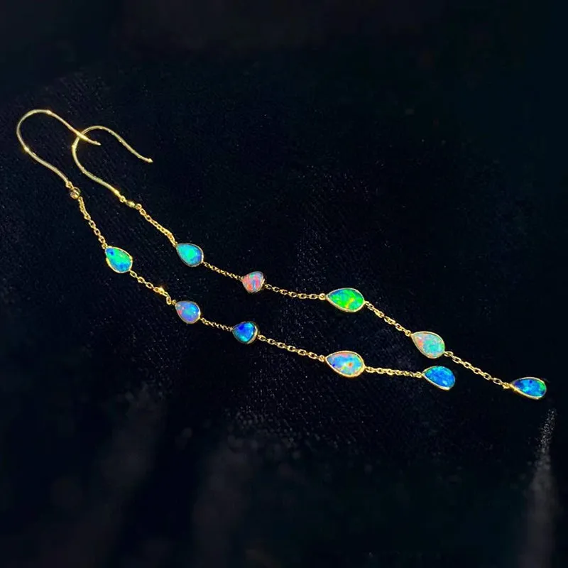 18K Gold Pear Cut 0.40ct Natural Opal 0.01ct Diamond Hook Earrings