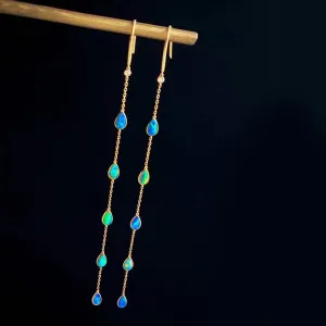18K Gold Pear Cut 0.40ct Natural Opal 0.01ct Diamond Hook Earrings