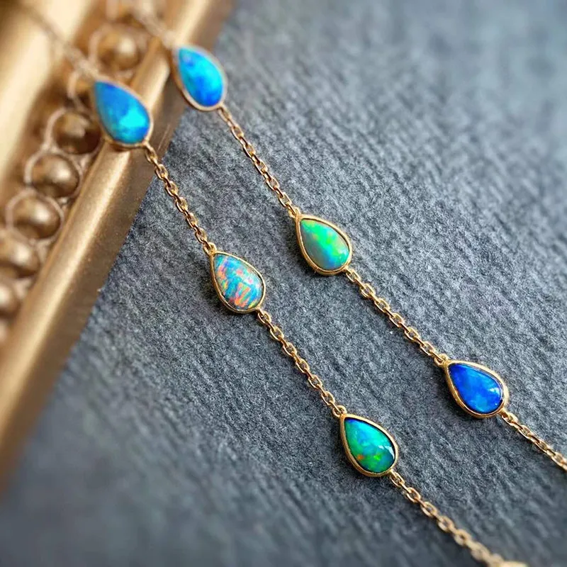 18K Gold Pear Cut 0.40ct Natural Opal 0.01ct Diamond Hook Earrings