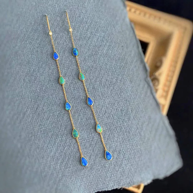18K Gold Pear Cut 0.40ct Natural Opal 0.01ct Diamond Hook Earrings