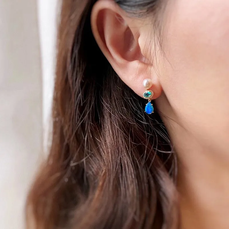 18K Gold Pear Cut 0.6ct Natural Opal Emerald 6mm AKOYA Pearl Stud Earrings