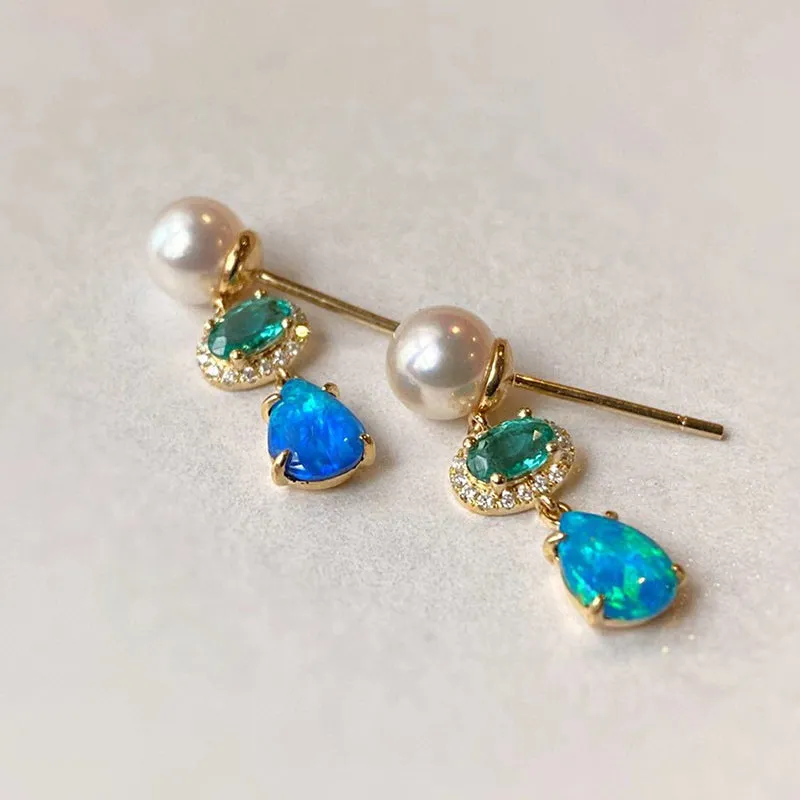 18K Gold Pear Cut 0.6ct Natural Opal Emerald 6mm AKOYA Pearl Stud Earrings