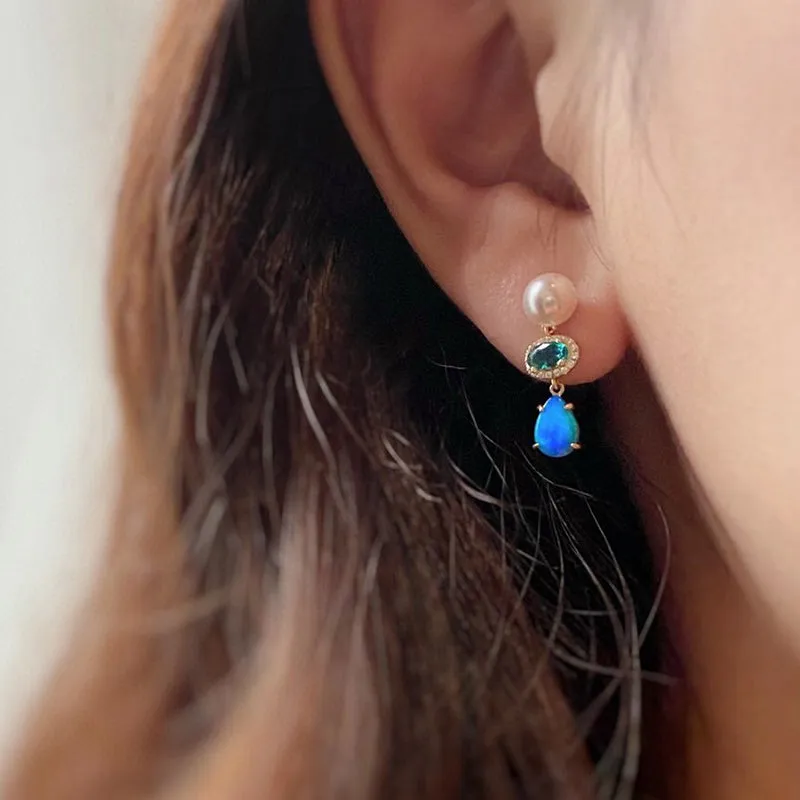 18K Gold Pear Cut 0.6ct Natural Opal Emerald 6mm AKOYA Pearl Stud Earrings