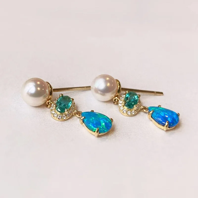 18K Gold Pear Cut 0.6ct Natural Opal Emerald 6mm AKOYA Pearl Stud Earrings