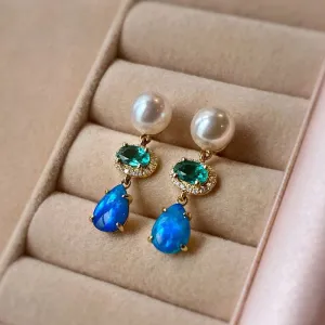 18K Gold Pear Cut 0.6ct Natural Opal Emerald 6mm AKOYA Pearl Stud Earrings