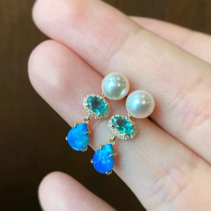 18K Gold Pear Cut 0.6ct Natural Opal Emerald 6mm AKOYA Pearl Stud Earrings