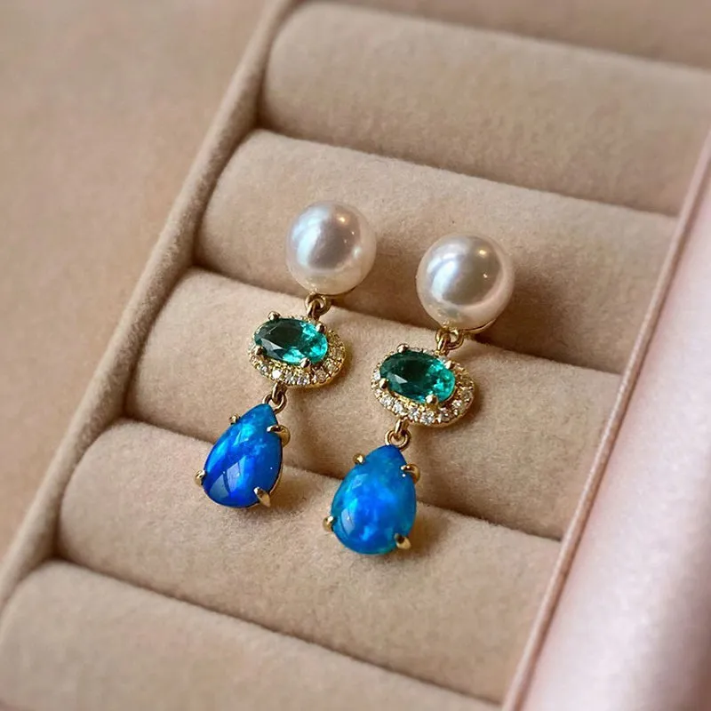 18K Gold Pear Cut 0.6ct Natural Opal Emerald 6mm AKOYA Pearl Stud Earrings