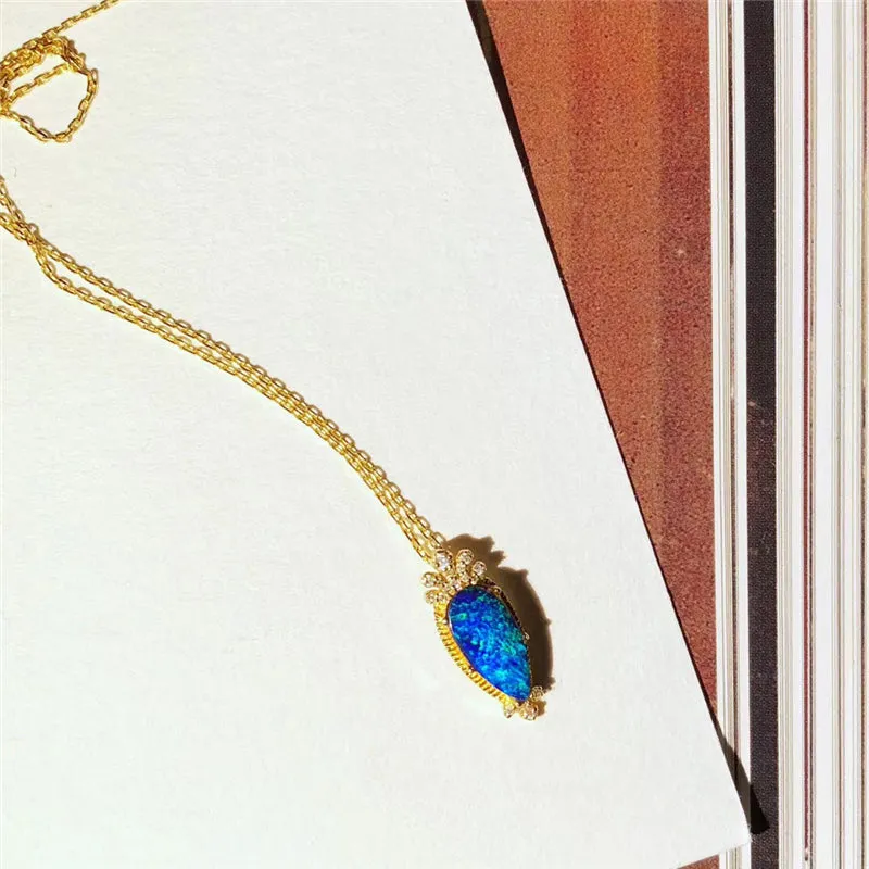 18K Gold Pear Cut Natural Diamond Opal Lris Flower Pendant Necklace