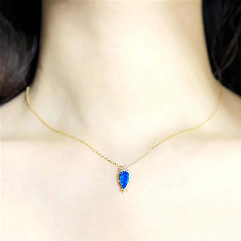 18K Gold Pear Cut Natural Diamond Opal Lris Flower Pendant Necklace