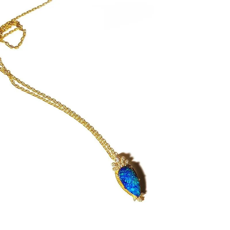 18K Gold Pear Cut Natural Diamond Opal Lris Flower Pendant Necklace