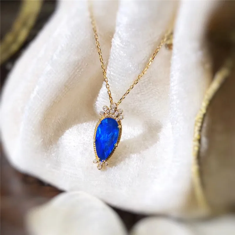 18K Gold Pear Cut Natural Diamond Opal Lris Flower Pendant Necklace