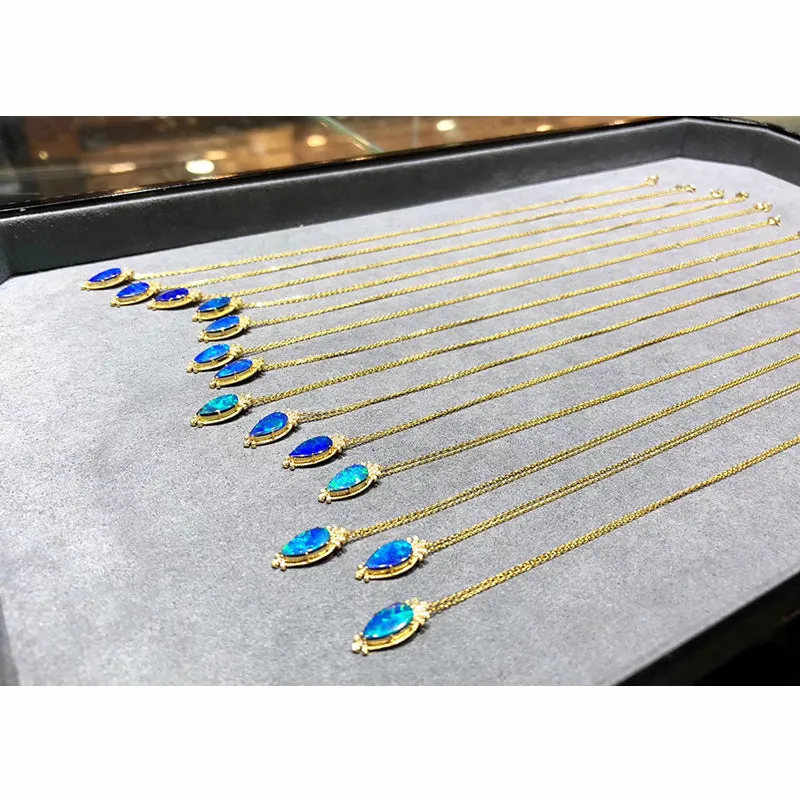 18K Gold Pear Cut Natural Diamond Opal Lris Flower Pendant Necklace
