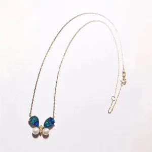 18K Gold Pear Cut Natural Diamond Pearl Opal Blue Butterfly Pendant Necklace