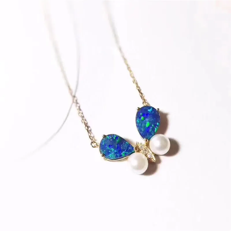 18K Gold Pear Cut Natural Diamond Pearl Opal Blue Butterfly Pendant Necklace
