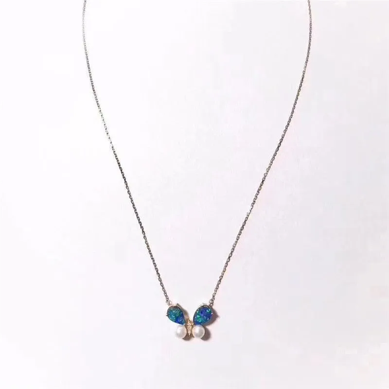 18K Gold Pear Cut Natural Diamond Pearl Opal Blue Butterfly Pendant Necklace