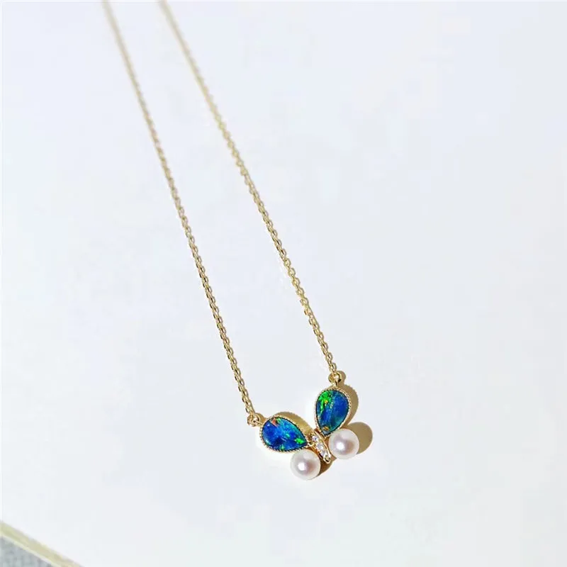 18K Gold Pear Cut Natural Diamond Pearl Opal Blue Butterfly Pendant Necklace