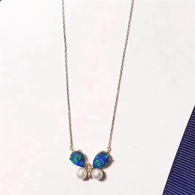 18K Gold Pear Cut Natural Diamond Pearl Opal Blue Butterfly Pendant Necklace