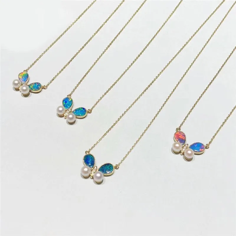 18K Gold Pear Cut Natural Diamond Pearl Opal Blue Butterfly Pendant Necklace