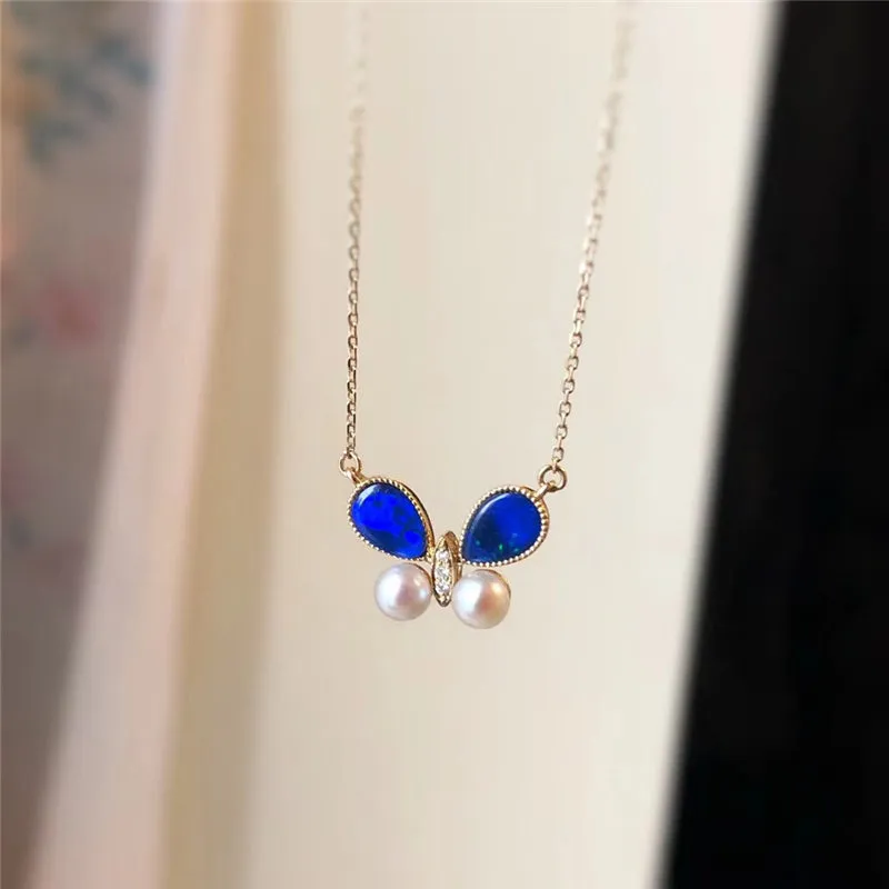 18K Gold Pear Cut Natural Diamond Pearl Opal Blue Butterfly Pendant Necklace