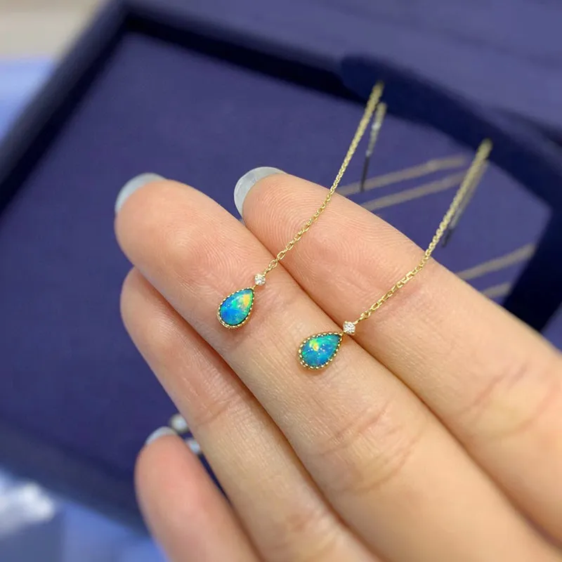 18K Gold Pear Shape 0.08ct Natural Opal 0.01ct Diamond Drop Earrings