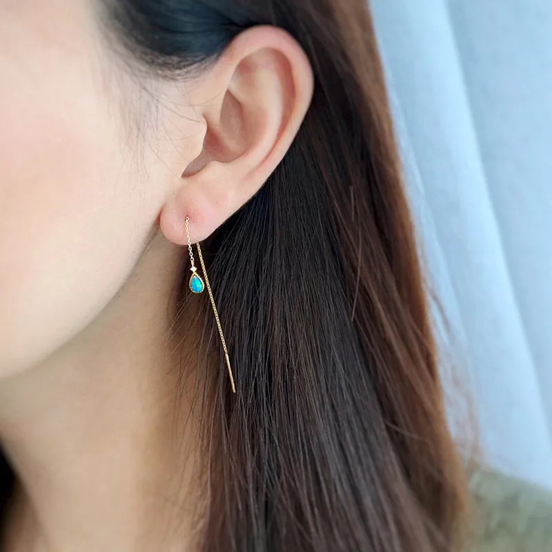 18K Gold Pear Shape 0.08ct Natural Opal 0.01ct Diamond Drop Earrings