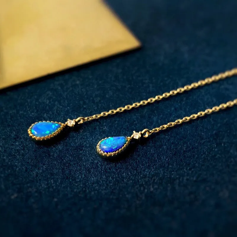 18K Gold Pear Shape 0.08ct Natural Opal 0.01ct Diamond Drop Earrings