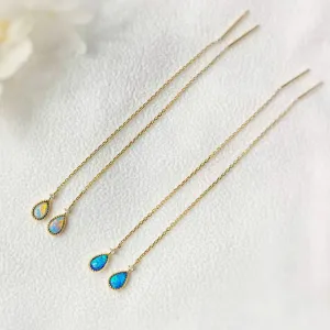 18K Gold Pear Shape 0.08ct Natural Opal 0.01ct Diamond Drop Earrings
