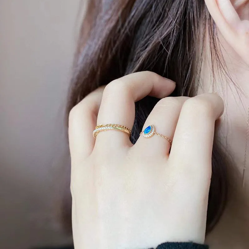 18K Gold Pear/Round Cut 0.07ct Natural Opal Diamond Adjustable Ring