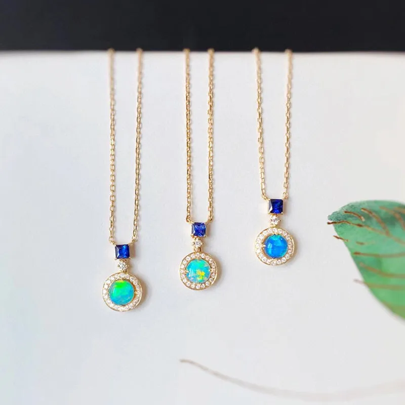 18K Gold Round Cut 0.20ct Natural Opal Sapphire Diamond Necklace 18"