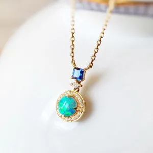 18K Gold Round Cut 0.20ct Natural Opal Sapphire Diamond Necklace 18"